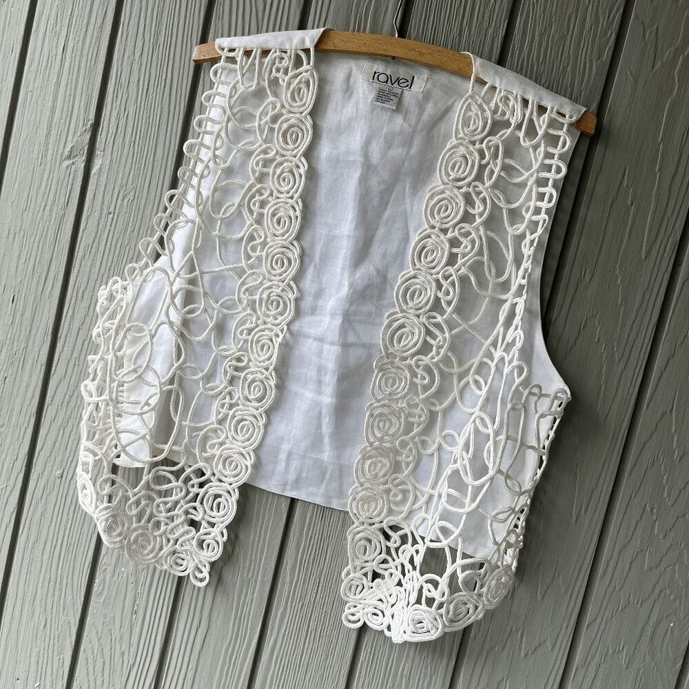 Ravel White Ramie Soutache Open Front Vest L – Boho Lace Crochet Festival Layeri